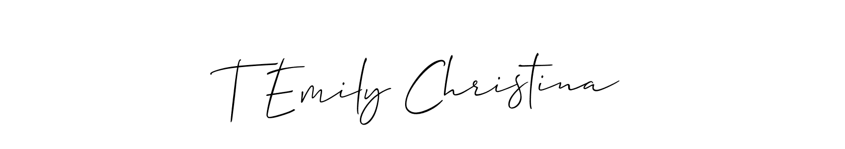 Make a short T Emily Christina signature style. Manage your documents anywhere anytime using Allison_Script. Create and add eSignatures, submit forms, share and send files easily. T Emily Christina signature style 2 images and pictures png