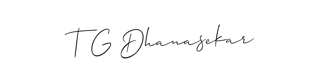 The best way (Allison_Script) to make a short signature is to pick only two or three words in your name. The name T G Dhanasekar include a total of six letters. For converting this name. T G Dhanasekar signature style 2 images and pictures png