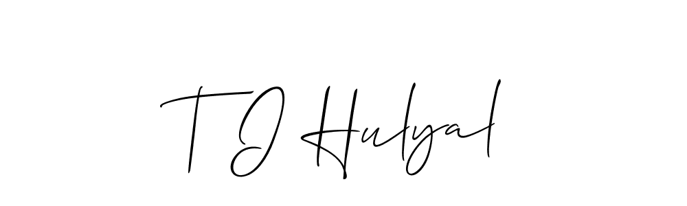 The best way (Allison_Script) to make a short signature is to pick only two or three words in your name. The name T I Hulyal include a total of six letters. For converting this name. T I Hulyal signature style 2 images and pictures png