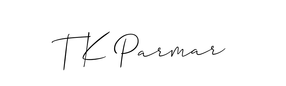The best way (Allison_Script) to make a short signature is to pick only two or three words in your name. The name T K Parmar include a total of six letters. For converting this name. T K Parmar signature style 2 images and pictures png