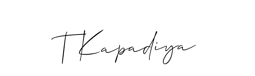 Use a signature maker to create a handwritten signature online. With this signature software, you can design (Allison_Script) your own signature for name T Kapadiya. T Kapadiya signature style 2 images and pictures png