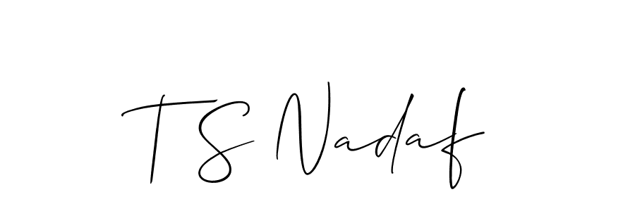 The best way (Allison_Script) to make a short signature is to pick only two or three words in your name. The name T S Nadaf include a total of six letters. For converting this name. T S Nadaf signature style 2 images and pictures png