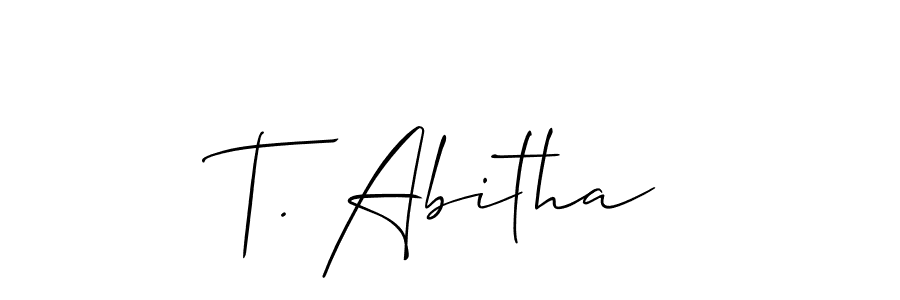 The best way (Allison_Script) to make a short signature is to pick only two or three words in your name. The name T. Abitha include a total of six letters. For converting this name. T. Abitha signature style 2 images and pictures png