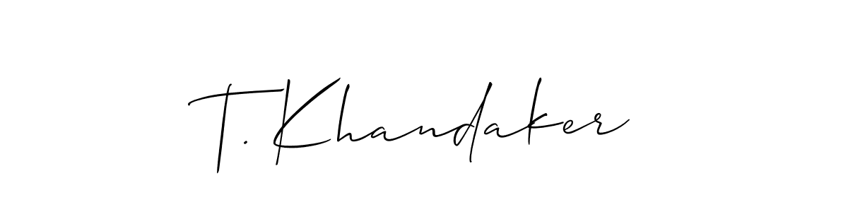 Make a short T. Khandaker signature style. Manage your documents anywhere anytime using Allison_Script. Create and add eSignatures, submit forms, share and send files easily. T. Khandaker signature style 2 images and pictures png