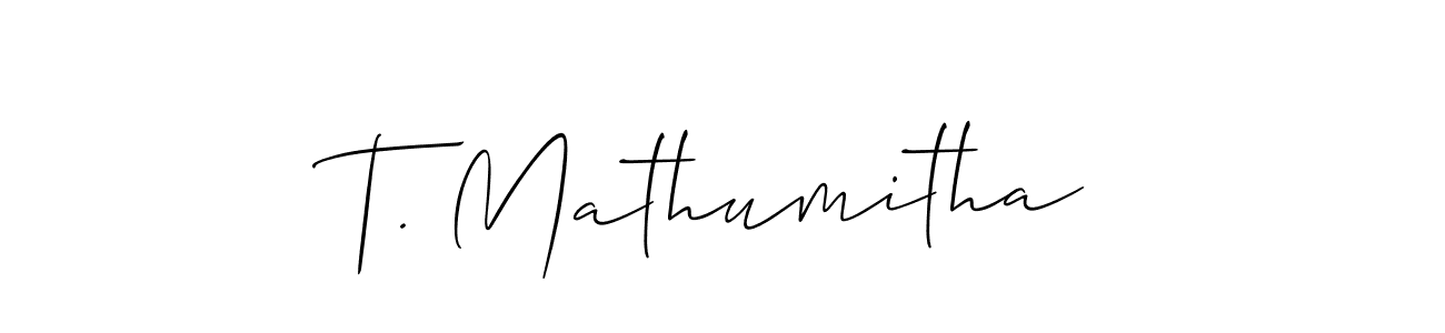 Allison_Script is a professional signature style that is perfect for those who want to add a touch of class to their signature. It is also a great choice for those who want to make their signature more unique. Get T. Mathumitha name to fancy signature for free. T. Mathumitha signature style 2 images and pictures png