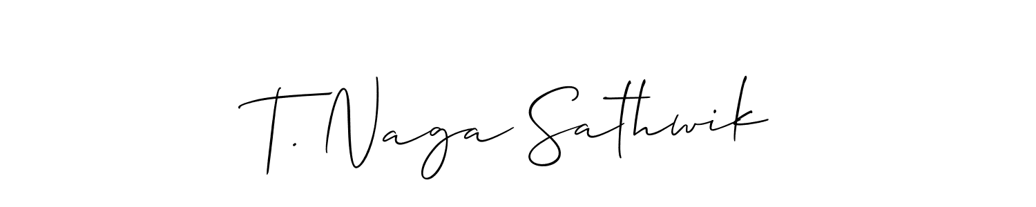 The best way (Allison_Script) to make a short signature is to pick only two or three words in your name. The name T. Naga Sathwik include a total of six letters. For converting this name. T. Naga Sathwik signature style 2 images and pictures png