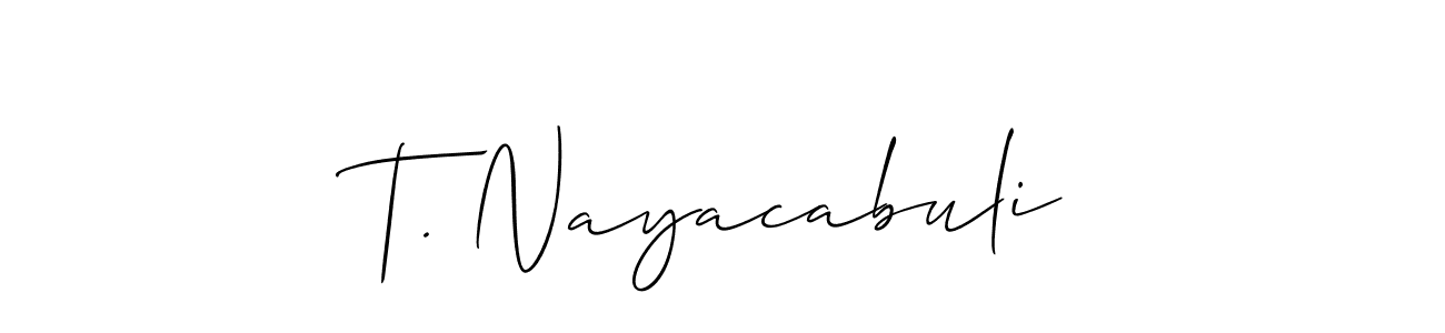 The best way (Allison_Script) to make a short signature is to pick only two or three words in your name. The name T. Nayacabuli include a total of six letters. For converting this name. T. Nayacabuli signature style 2 images and pictures png