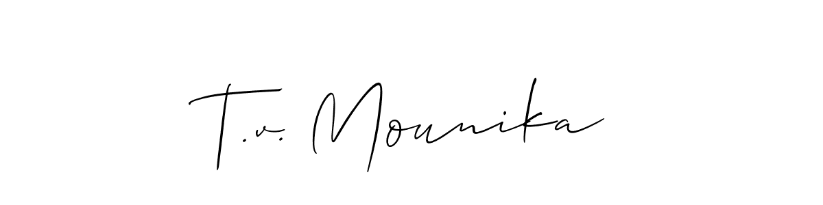 The best way (Allison_Script) to make a short signature is to pick only two or three words in your name. The name T.v. Mounika include a total of six letters. For converting this name. T.v. Mounika signature style 2 images and pictures png