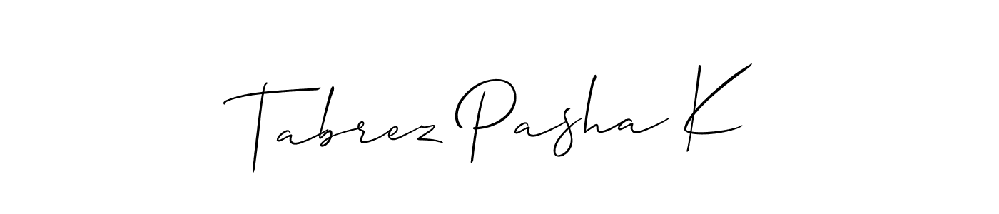 Create a beautiful signature design for name Tabrez Pasha K. With this signature (Allison_Script) fonts, you can make a handwritten signature for free. Tabrez Pasha K signature style 2 images and pictures png