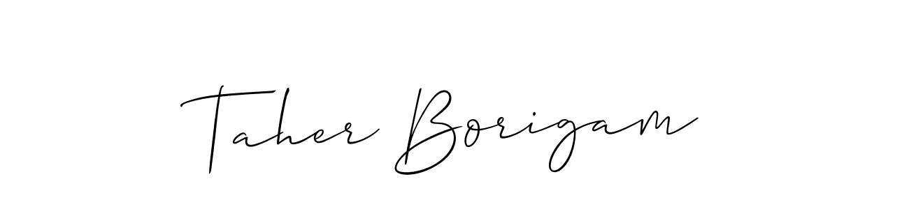 Allison_Script is a professional signature style that is perfect for those who want to add a touch of class to their signature. It is also a great choice for those who want to make their signature more unique. Get Taher Borigam name to fancy signature for free. Taher Borigam signature style 2 images and pictures png