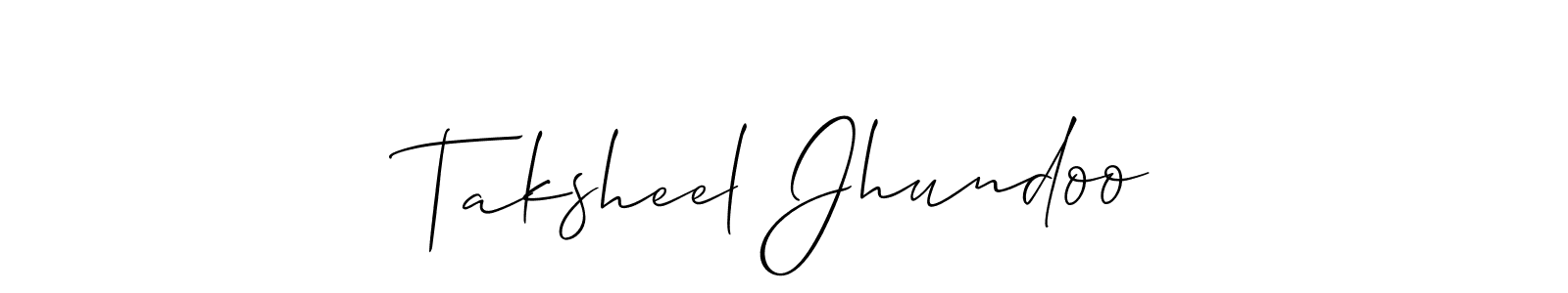 Allison_Script is a professional signature style that is perfect for those who want to add a touch of class to their signature. It is also a great choice for those who want to make their signature more unique. Get Taksheel Jhundoo name to fancy signature for free. Taksheel Jhundoo signature style 2 images and pictures png