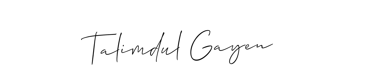 Allison_Script is a professional signature style that is perfect for those who want to add a touch of class to their signature. It is also a great choice for those who want to make their signature more unique. Get Talimdul Gayen name to fancy signature for free. Talimdul Gayen signature style 2 images and pictures png