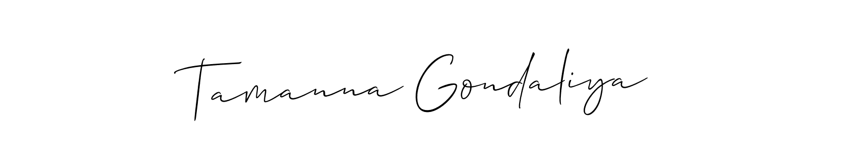 Make a short Tamanna Gondaliya signature style. Manage your documents anywhere anytime using Allison_Script. Create and add eSignatures, submit forms, share and send files easily. Tamanna Gondaliya signature style 2 images and pictures png