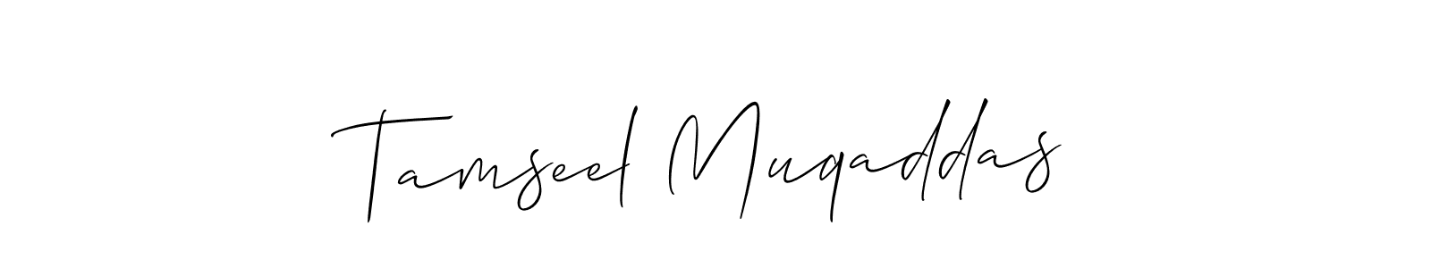 Also You can easily find your signature by using the search form. We will create Tamseel Muqaddas name handwritten signature images for you free of cost using Allison_Script sign style. Tamseel Muqaddas signature style 2 images and pictures png