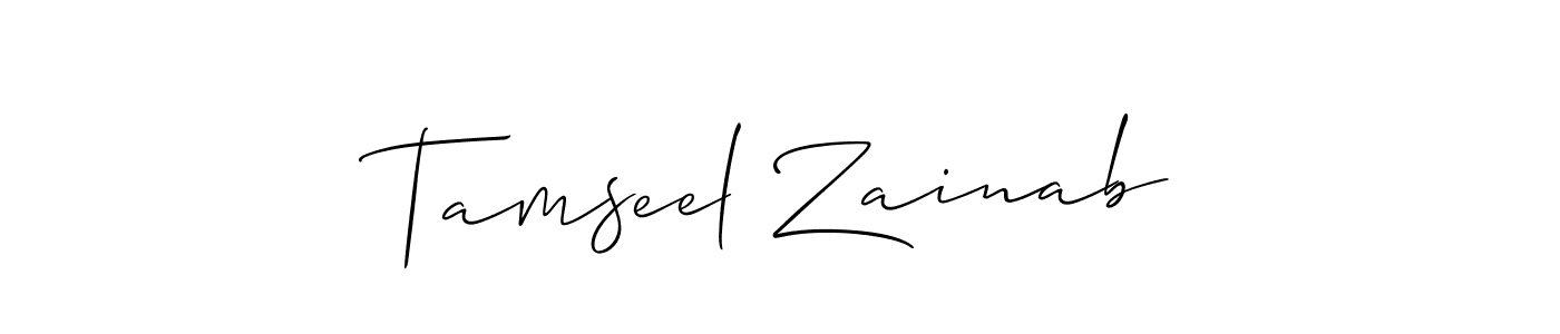 Also You can easily find your signature by using the search form. We will create Tamseel Zainab name handwritten signature images for you free of cost using Allison_Script sign style. Tamseel Zainab signature style 2 images and pictures png