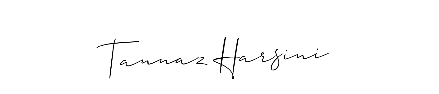 The best way (Allison_Script) to make a short signature is to pick only two or three words in your name. The name Tannaz Harsini include a total of six letters. For converting this name. Tannaz Harsini signature style 2 images and pictures png