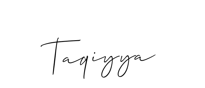Design your own signature with our free online signature maker. With this signature software, you can create a handwritten (Allison_Script) signature for name Taqiyya. Taqiyya signature style 2 images and pictures png