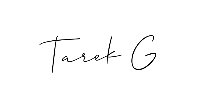 The best way (Allison_Script) to make a short signature is to pick only two or three words in your name. The name Tarek G include a total of six letters. For converting this name. Tarek G signature style 2 images and pictures png