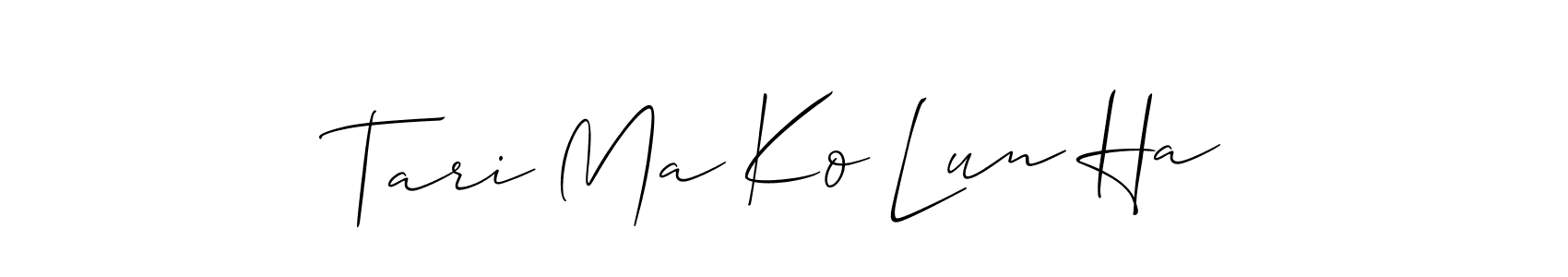 How to Draw Tari Ma Ko Lun Ha signature style? Allison_Script is a latest design signature styles for name Tari Ma Ko Lun Ha. Tari Ma Ko Lun Ha signature style 2 images and pictures png