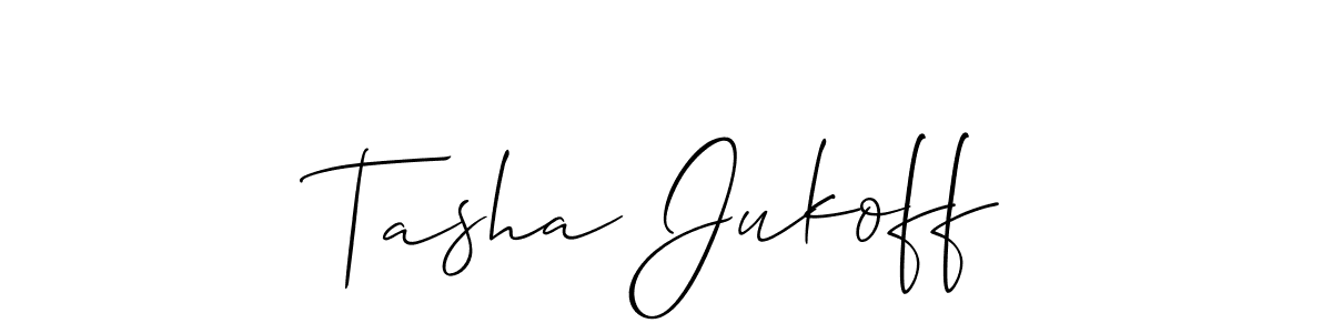 The best way (Allison_Script) to make a short signature is to pick only two or three words in your name. The name Tasha Jukoff include a total of six letters. For converting this name. Tasha Jukoff signature style 2 images and pictures png