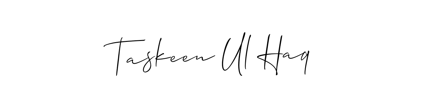 The best way (Allison_Script) to make a short signature is to pick only two or three words in your name. The name Taskeen Ul Haq include a total of six letters. For converting this name. Taskeen Ul Haq signature style 2 images and pictures png