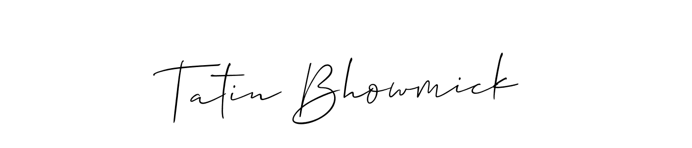 The best way (Allison_Script) to make a short signature is to pick only two or three words in your name. The name Tatin Bhowmick include a total of six letters. For converting this name. Tatin Bhowmick signature style 2 images and pictures png