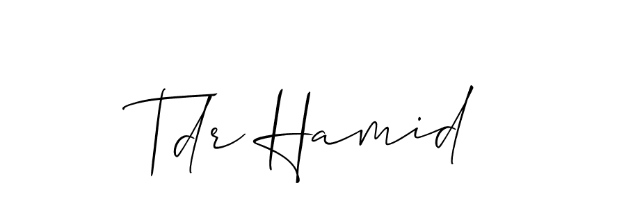 The best way (Allison_Script) to make a short signature is to pick only two or three words in your name. The name Tdr Hamid include a total of six letters. For converting this name. Tdr Hamid signature style 2 images and pictures png