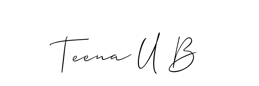 The best way (Allison_Script) to make a short signature is to pick only two or three words in your name. The name Teena U B include a total of six letters. For converting this name. Teena U B signature style 2 images and pictures png