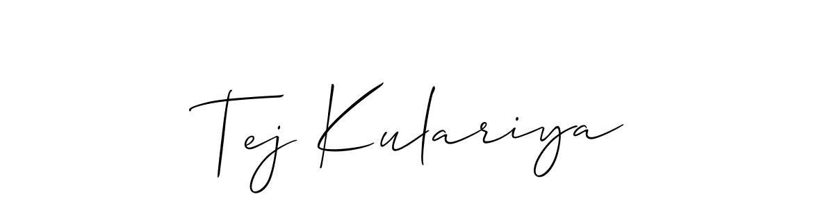 The best way (Allison_Script) to make a short signature is to pick only two or three words in your name. The name Tej Kulariya include a total of six letters. For converting this name. Tej Kulariya signature style 2 images and pictures png