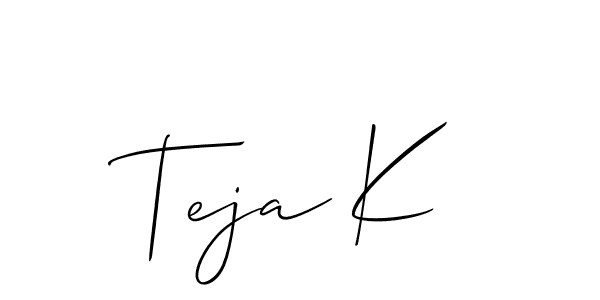 The best way (Allison_Script) to make a short signature is to pick only two or three words in your name. The name Teja K include a total of six letters. For converting this name. Teja K signature style 2 images and pictures png