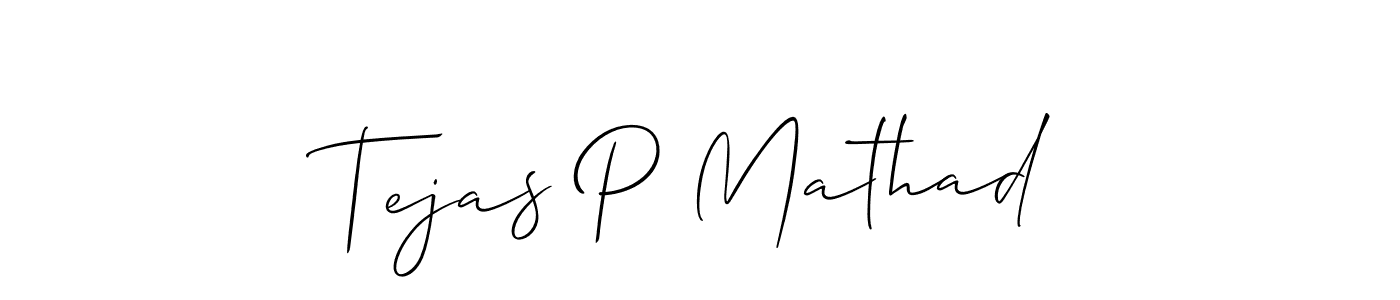 The best way (Allison_Script) to make a short signature is to pick only two or three words in your name. The name Tejas P Mathad include a total of six letters. For converting this name. Tejas P Mathad signature style 2 images and pictures png