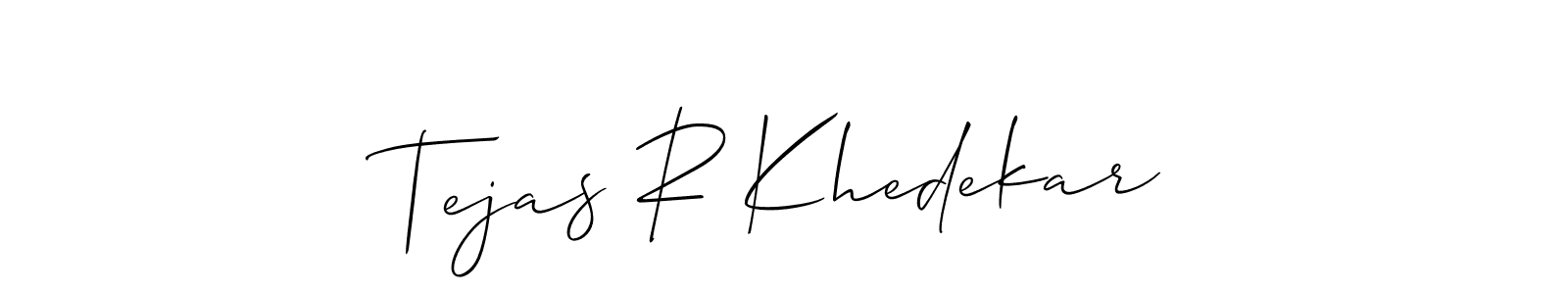 The best way (Allison_Script) to make a short signature is to pick only two or three words in your name. The name Tejas R Khedekar include a total of six letters. For converting this name. Tejas R Khedekar signature style 2 images and pictures png