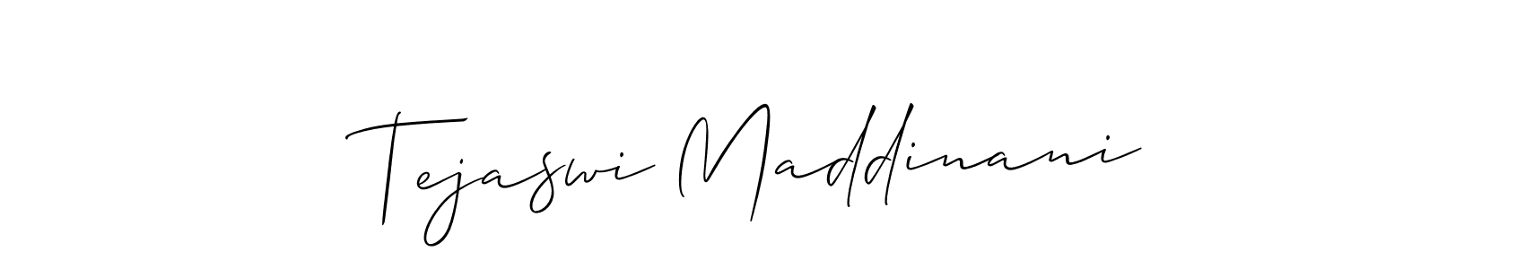 The best way (Allison_Script) to make a short signature is to pick only two or three words in your name. The name Tejaswi Maddinani include a total of six letters. For converting this name. Tejaswi Maddinani signature style 2 images and pictures png