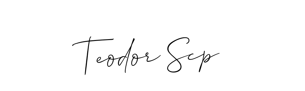 Make a short Teodor Scp signature style. Manage your documents anywhere anytime using Allison_Script. Create and add eSignatures, submit forms, share and send files easily. Teodor Scp signature style 2 images and pictures png