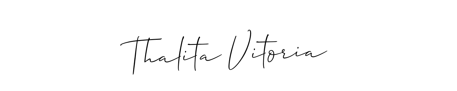 The best way (Allison_Script) to make a short signature is to pick only two or three words in your name. The name Thalita Vitoria include a total of six letters. For converting this name. Thalita Vitoria signature style 2 images and pictures png