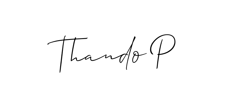 The best way (Allison_Script) to make a short signature is to pick only two or three words in your name. The name Thando P include a total of six letters. For converting this name. Thando P signature style 2 images and pictures png