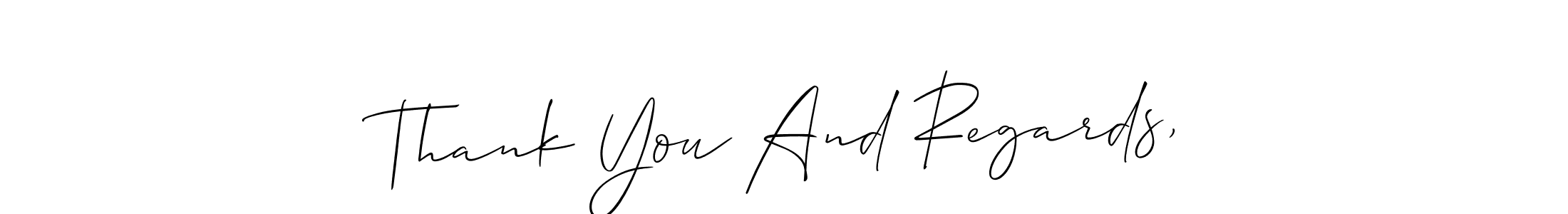 It looks lik you need a new signature style for name Thank You And Regards,. Design unique handwritten (Allison_Script) signature with our free signature maker in just a few clicks. Thank You And Regards, signature style 2 images and pictures png
