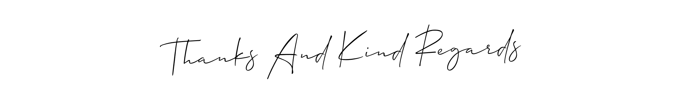 The best way (Allison_Script) to make a short signature is to pick only two or three words in your name. The name Thanks And Kind Regards include a total of six letters. For converting this name. Thanks And Kind Regards signature style 2 images and pictures png
