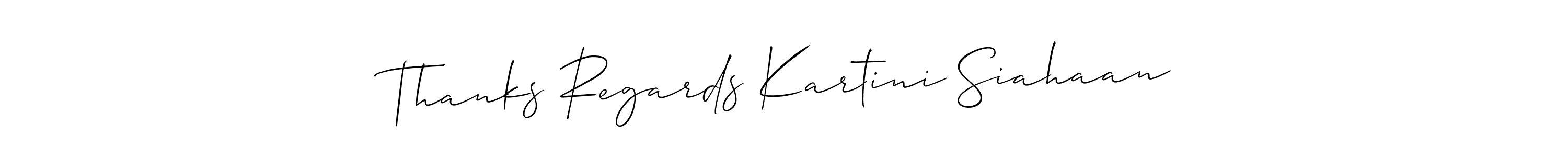 It looks lik you need a new signature style for name Thanks Regards Kartini Siahaan. Design unique handwritten (Allison_Script) signature with our free signature maker in just a few clicks. Thanks Regards Kartini Siahaan signature style 2 images and pictures png