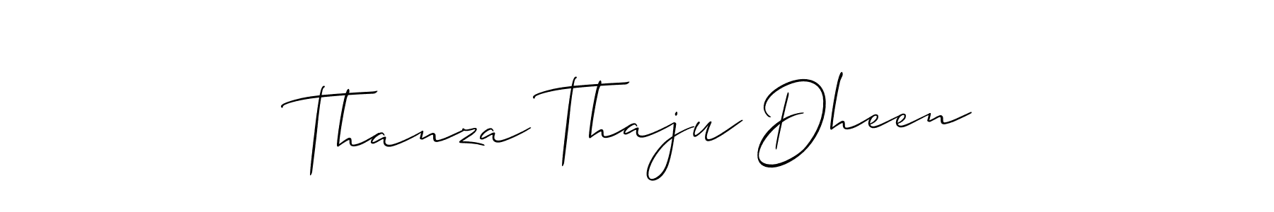 The best way (Allison_Script) to make a short signature is to pick only two or three words in your name. The name Thanza Thaju Dheen include a total of six letters. For converting this name. Thanza Thaju Dheen signature style 2 images and pictures png