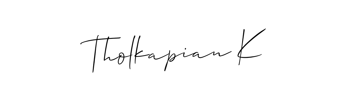 How to Draw Tholkapian K signature style? Allison_Script is a latest design signature styles for name Tholkapian K. Tholkapian K signature style 2 images and pictures png