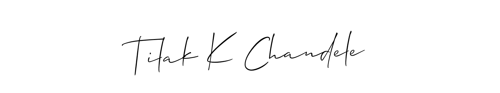 The best way (Allison_Script) to make a short signature is to pick only two or three words in your name. The name Tilak K Chandele include a total of six letters. For converting this name. Tilak K Chandele signature style 2 images and pictures png