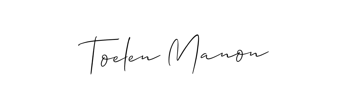 The best way (Allison_Script) to make a short signature is to pick only two or three words in your name. The name Toelen Manon include a total of six letters. For converting this name. Toelen Manon signature style 2 images and pictures png