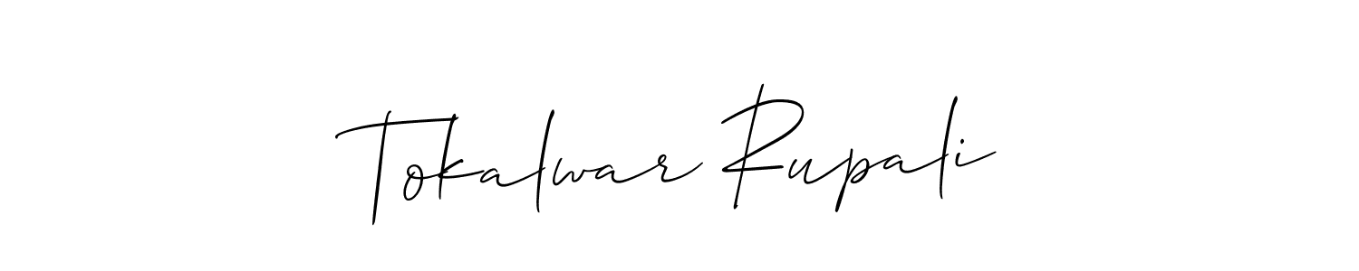 The best way (Allison_Script) to make a short signature is to pick only two or three words in your name. The name Tokalwar Rupali include a total of six letters. For converting this name. Tokalwar Rupali signature style 2 images and pictures png