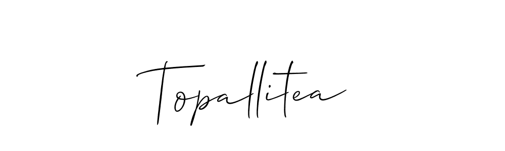 The best way (Allison_Script) to make a short signature is to pick only two or three words in your name. The name Topallitea include a total of six letters. For converting this name. Topallitea signature style 2 images and pictures png