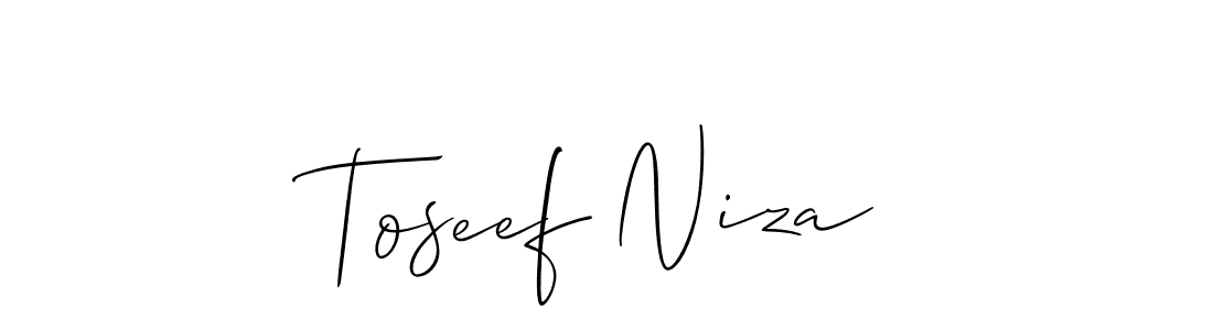 The best way (Allison_Script) to make a short signature is to pick only two or three words in your name. The name Toseef Niza include a total of six letters. For converting this name. Toseef Niza signature style 2 images and pictures png