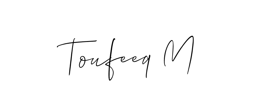 Also You can easily find your signature by using the search form. We will create Toufeeq M name handwritten signature images for you free of cost using Allison_Script sign style. Toufeeq M signature style 2 images and pictures png