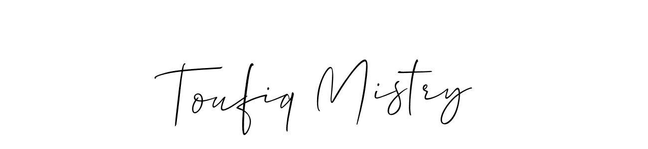 The best way (Allison_Script) to make a short signature is to pick only two or three words in your name. The name Toufiq Mistry include a total of six letters. For converting this name. Toufiq Mistry signature style 2 images and pictures png