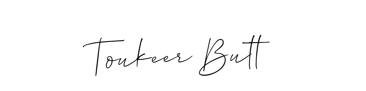 Also You can easily find your signature by using the search form. We will create Toukeer Butt name handwritten signature images for you free of cost using Allison_Script sign style. Toukeer Butt signature style 2 images and pictures png