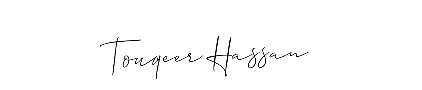 You should practise on your own different ways (Allison_Script) to write your name (Touqeer Hassan) in signature. don't let someone else do it for you. Touqeer Hassan signature style 2 images and pictures png